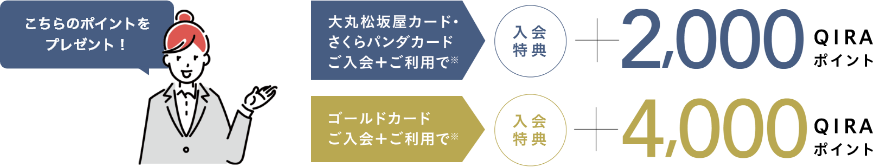 大丸松坂屋カード・さくらパンダカードご入会＋ご利用で2,000 QIRA［キラ］ポイント、ゴールドカードご入会で4,000 QIRA［キラ］ポイント
