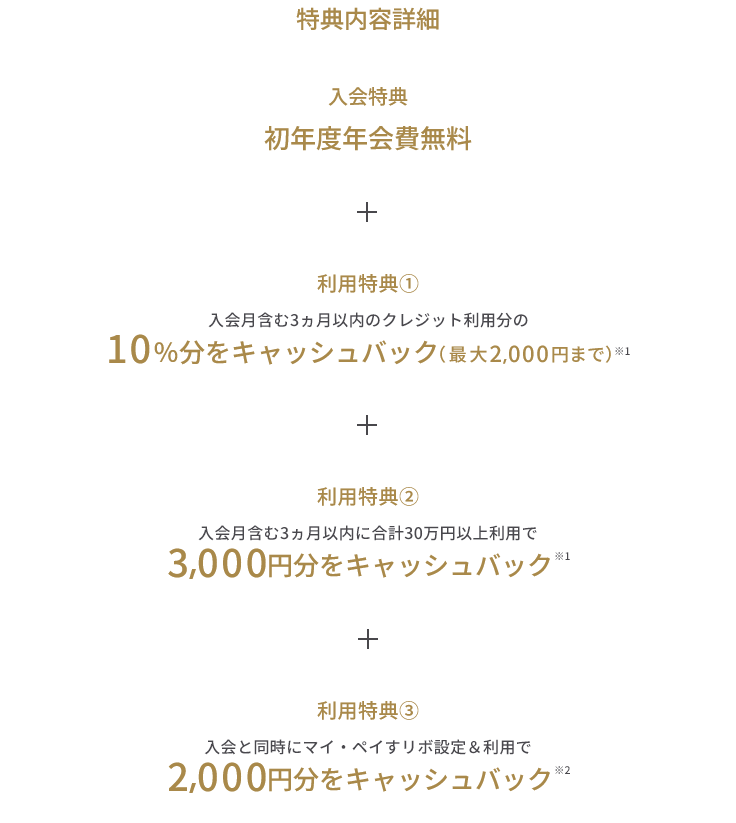 入会特典 初年度年会費無料 + 利用特典① 入会月含む3ヵ月以内のクレジット利用分の10％分をキャッシュバック（最大2,000円まで）※1 + 利用特典② 入会月含む3ヵ月以内に合計30万円以上利用で3,000円分をキャッシュバック ※1 + 利用特典③ 入会と同時にマイ・ペイすリボ設定＆利用で2,000円分をキャッシュバック ※2