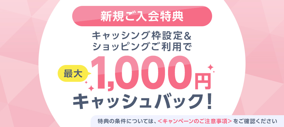 新規ご入会特典 キャッシング枠設定& ショッピングご利用で最大1,000円キャッシュバック!特典の条件については、＜キャンペーンのご注意事項＞をご確認ください
