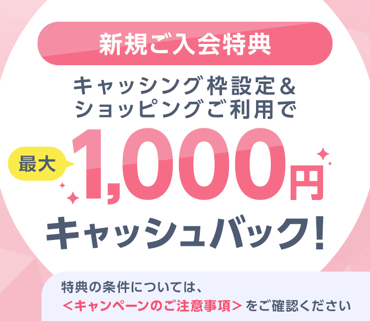新規ご入会特典 キャッシング枠設定& ショッピングご利用で最大1,000円キャッシュバック!特典の条件については、＜キャンペーンのご注意事項＞をご確認ください