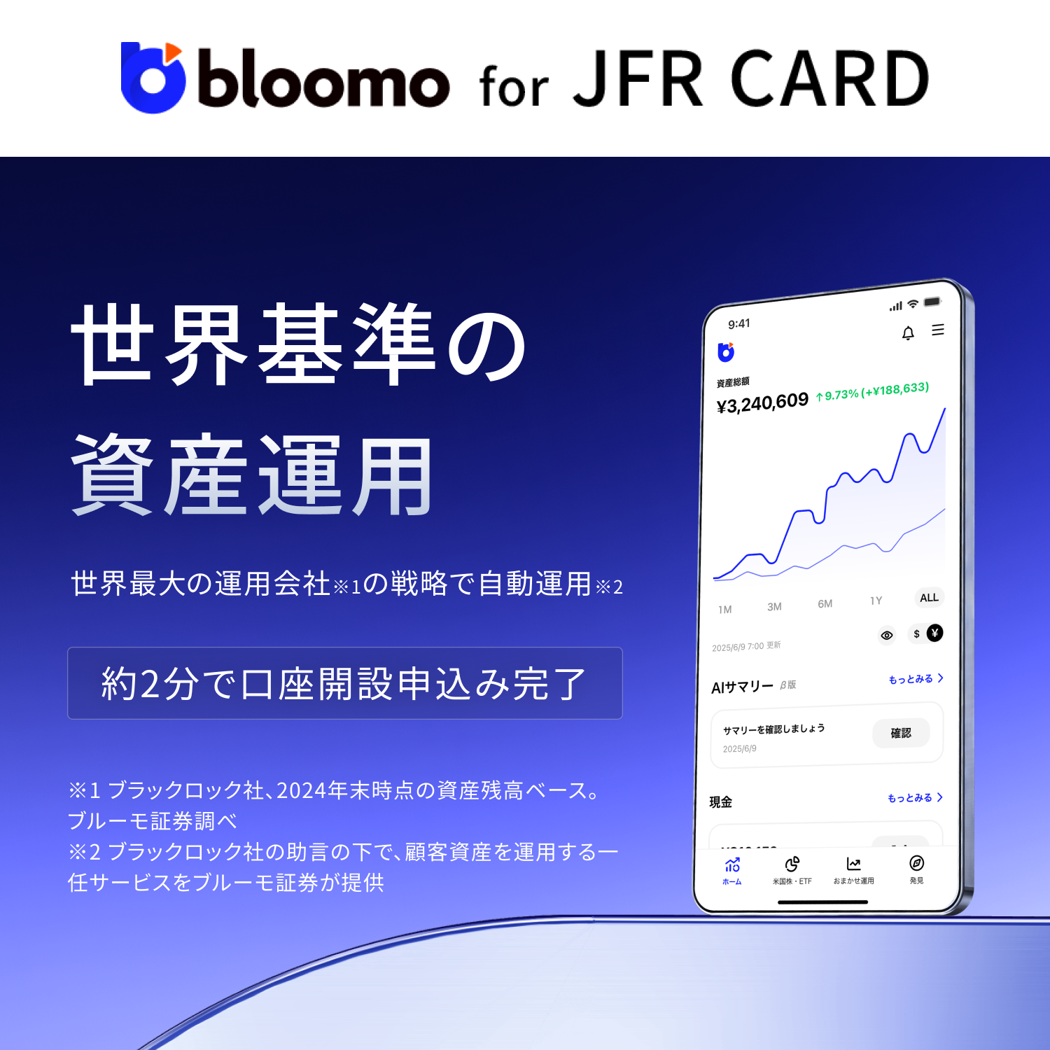 bloomo for JFR CARD 世界基準の資産運用 世界最大※の運用会社の戦略で自動運用 約2分で口座開設申込み完了 ※2024年時点のグローバルの運用資産残高ベース ブルーモ証券調べ